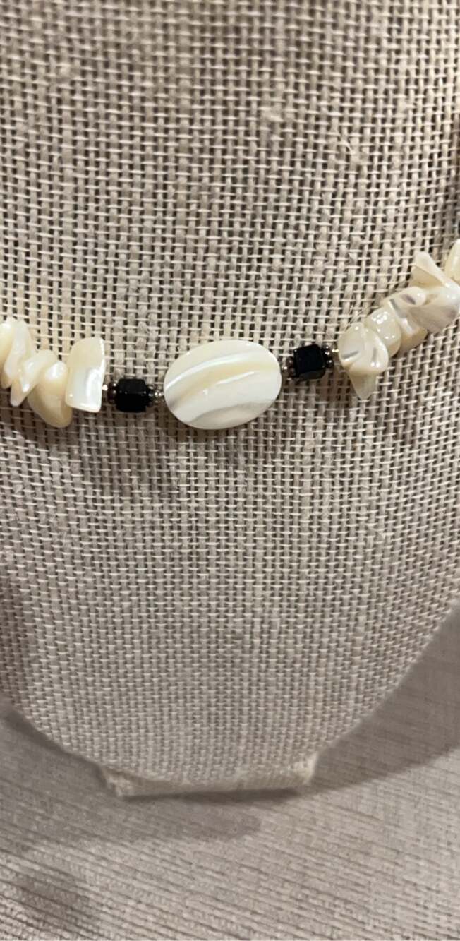 Handmade White & Black Beaded Natural Shell Necklace image 2